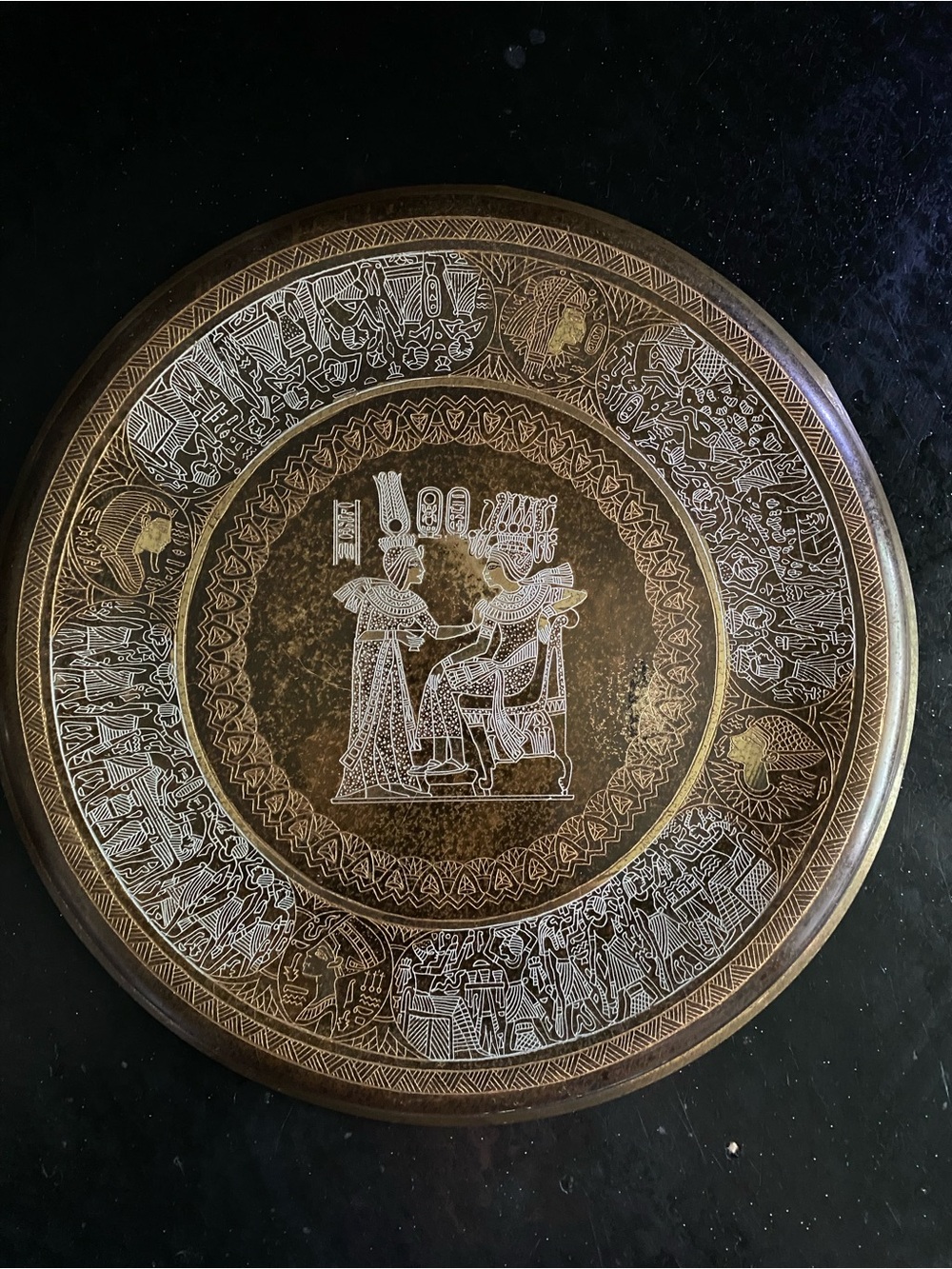 Hand-Engraved Egyptian Brass Decorative Plate in Antique Gold